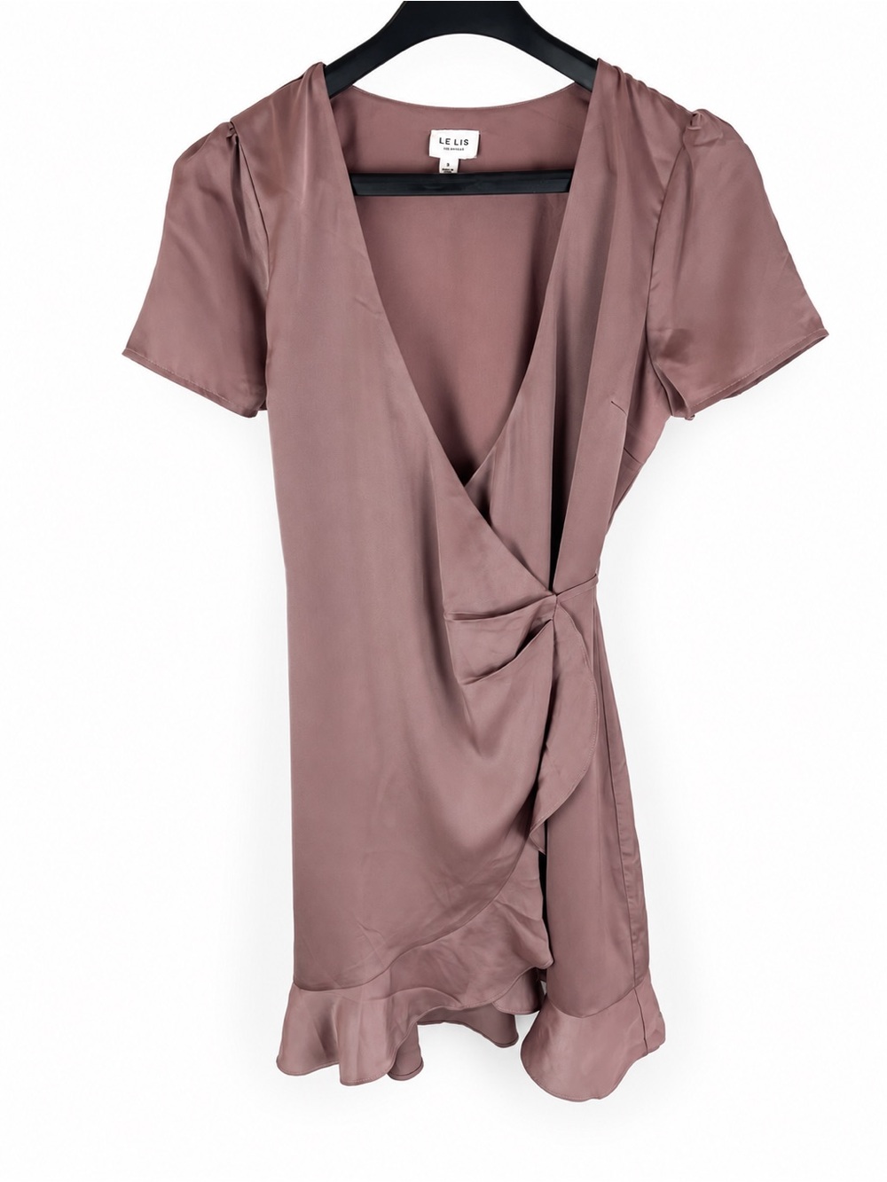 Le Lis Mauve Satin Wrap Mini Dress Ruffle Hem Short Sleeve Size S